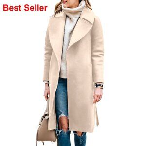 Wool Blend Pea Coat Long Trench Coat Belted Notched Lapel Outerwear